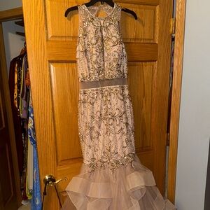 Elegant Beaded Gown in Gold and Tan